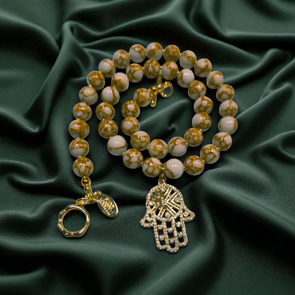 Gold, Tan and Cream Beaded Necklace with Hamsa Charm - Picture 3 of 6